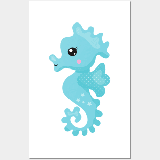 Cute Seahorse, Little Seahorse, Blue Seahorse Posters and Art